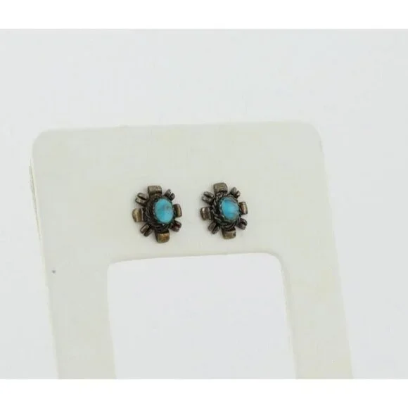 Sterling Silver Small Turquoise Earrings Stud Post 1/2" x 3/8" - Picture 5 of 8